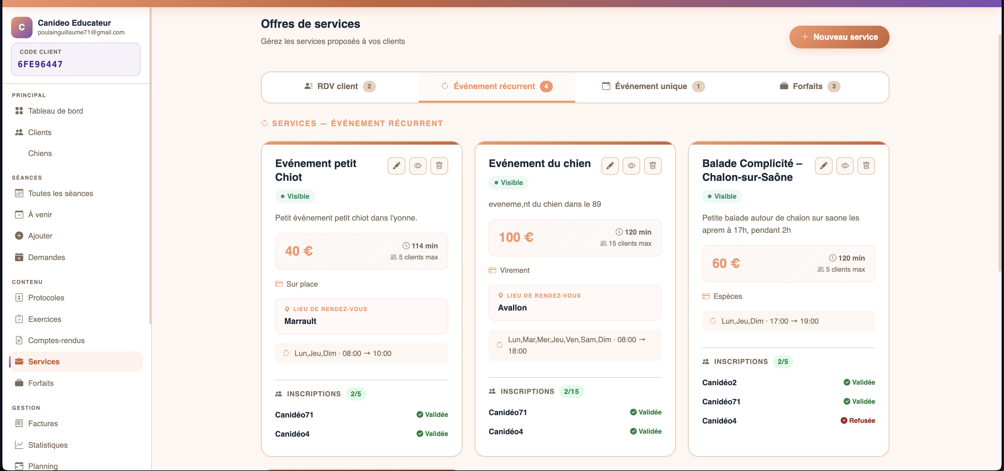 Réservation d'événements Canidéo Pro